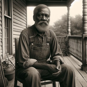 An aged African American man sits on a front porch facing the viewer. Image created with the assistance of AI.